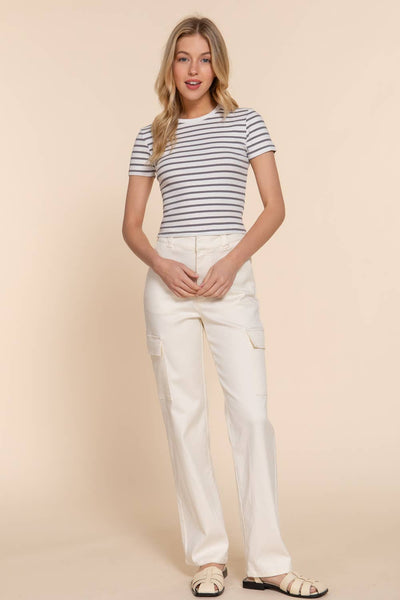 Crew Neck Stripe Rib Top | Grey