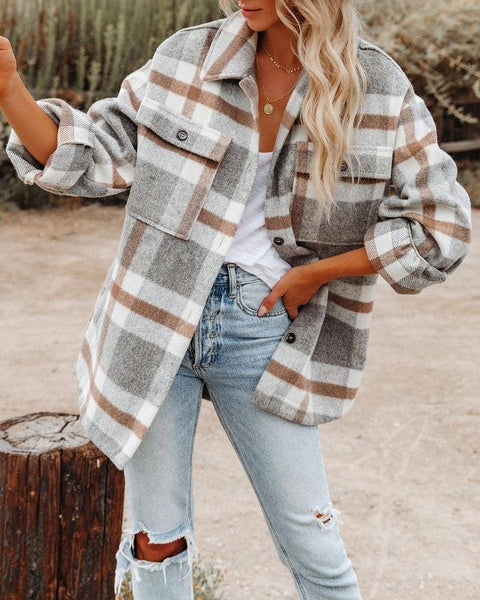 Women's Plaid Button Down Flannel Shirt Jacket – Light Gray or Khaki