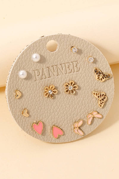 Heart, Butterfly & Pearl Stud Earrings Set