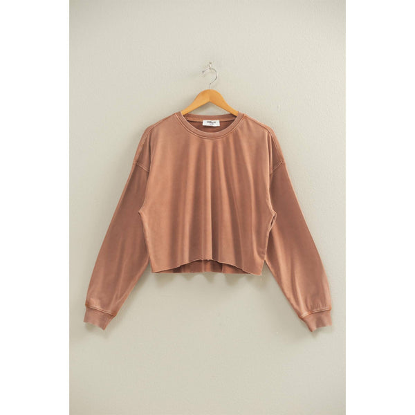 Chestnut Cropped Crewneck Sweatshirt With Oversized Sleeves