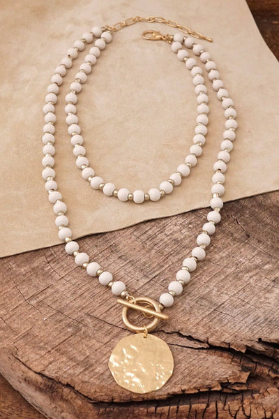 Coin Pendant Wooden Beads Necklace | Cream or Grey