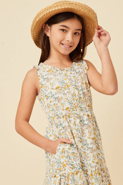 Girls Antique Floral Smocked Waist Tank Midi Dress