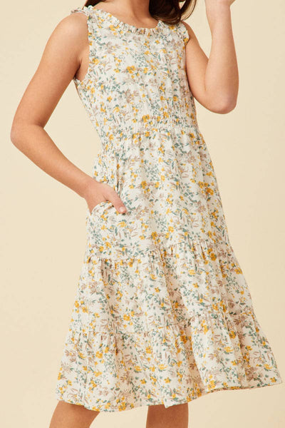 Girls Antique Floral Smocked Waist Tank Midi Dress