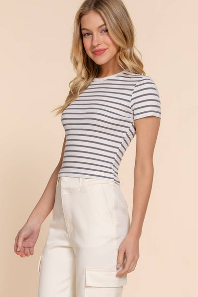 Crew Neck Stripe Rib Top | Grey