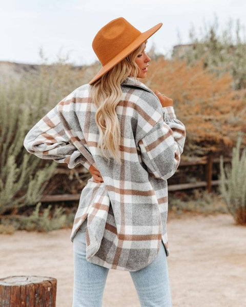Women's Plaid Button Down Flannel Shirt Jacket – Light Gray or Khaki
