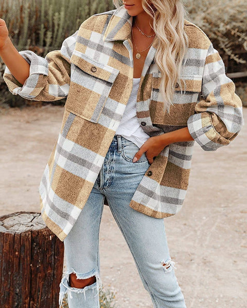 Women's Plaid Button Down Flannel Shirt Jacket – Light Gray or Khaki