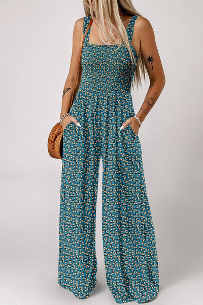 Green Floral Smocked Jumpsuit