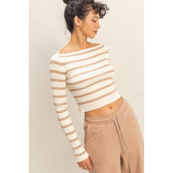 Helena Striped Boatneck Long-Sleeve Crop Knit Top