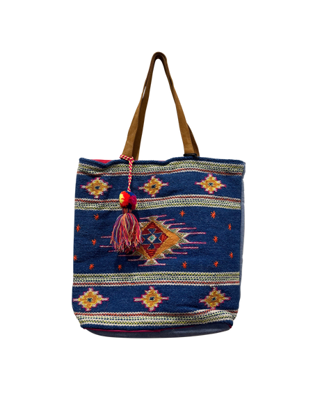 Royal Blue Tapestry Tote with Red Gold Aztec Print