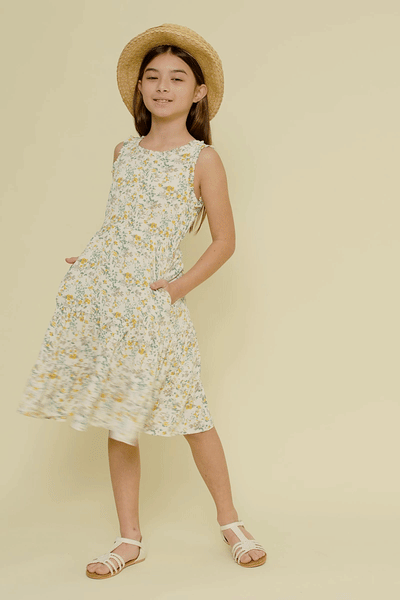 Girls Antique Floral Smocked Waist Tank Midi Dress