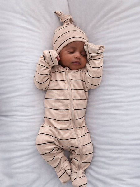 Tan/Black Stripe Footie Romper