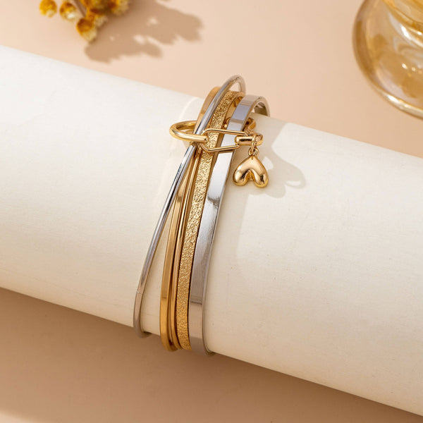 Gold Silver Heart Linked Multi Bangle Set Bracelet