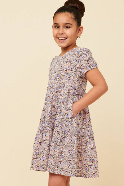 Girls Lavender Ditsy Floral Tiered Puff Sleeve Dress