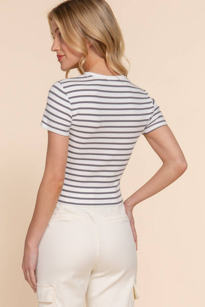 Crew Neck Stripe Rib Top | Grey