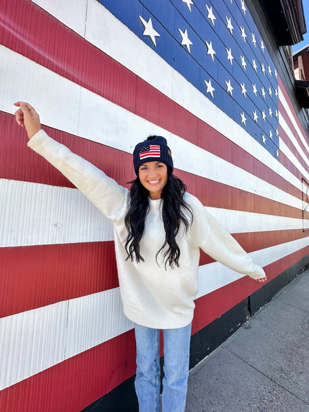 C.C | USA Chenille Patch Faux Fur Pom Beanie