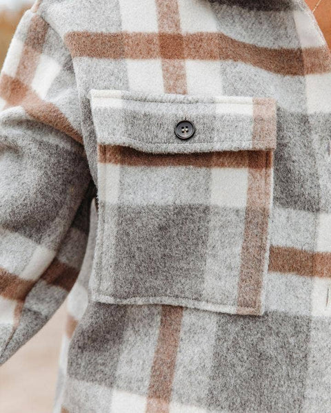 Women's Plaid Button Down Flannel Shirt Jacket – Light Gray or Khaki