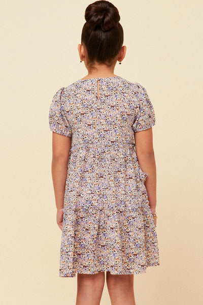 Girls Lavender Ditsy Floral Tiered Puff Sleeve Dress