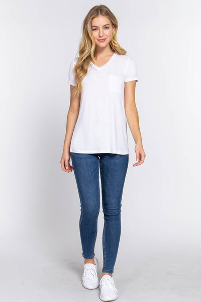 Basic Short Sleeve V-neck Top | White