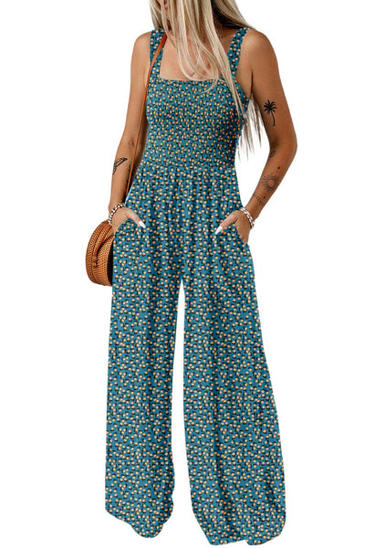 Green Floral Smocked Jumpsuit