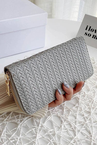 Vegan Leather Woven Weave Long Wallet | Pink, Black, Gray