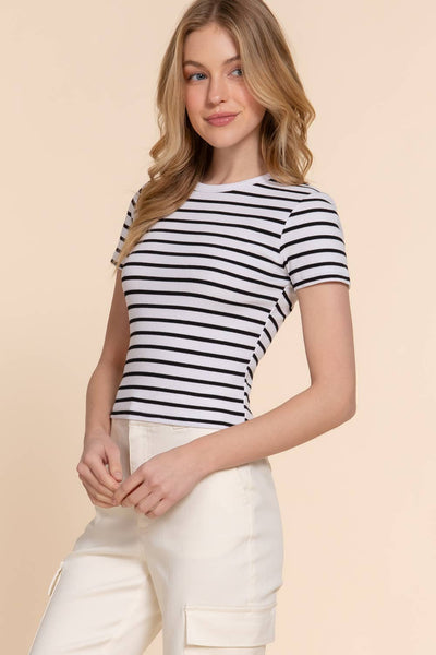 Crew Neck Stripe Rib Top | Black