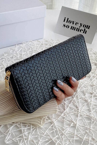 Vegan Leather Woven Weave Long Wallet | Pink, Black, Gray