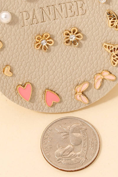 Heart, Butterfly & Pearl Stud Earrings Set