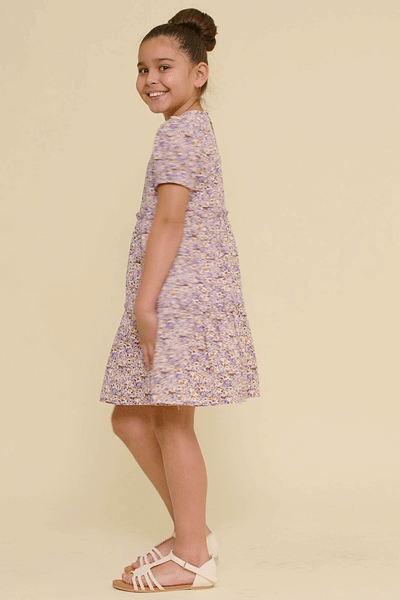Girls Lavender Ditsy Floral Tiered Puff Sleeve Dress
