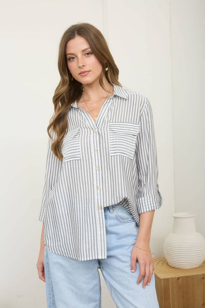 Blakeley Stripped Button Down Top | Gray