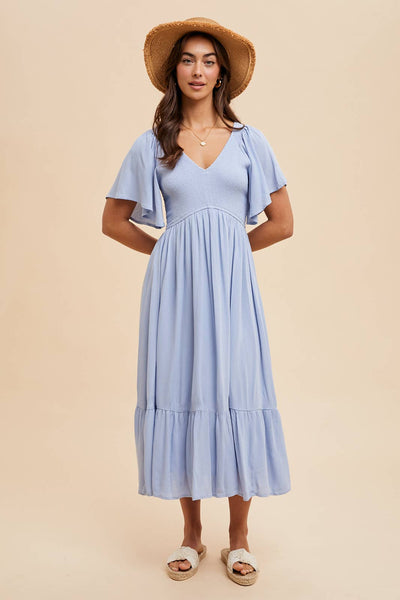 Loom Smocked Flutter Sleeve Dress | Blue