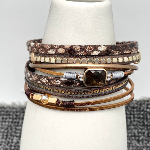 Crystal Charm Snakeskin Multi-Layer Leather Bracelet