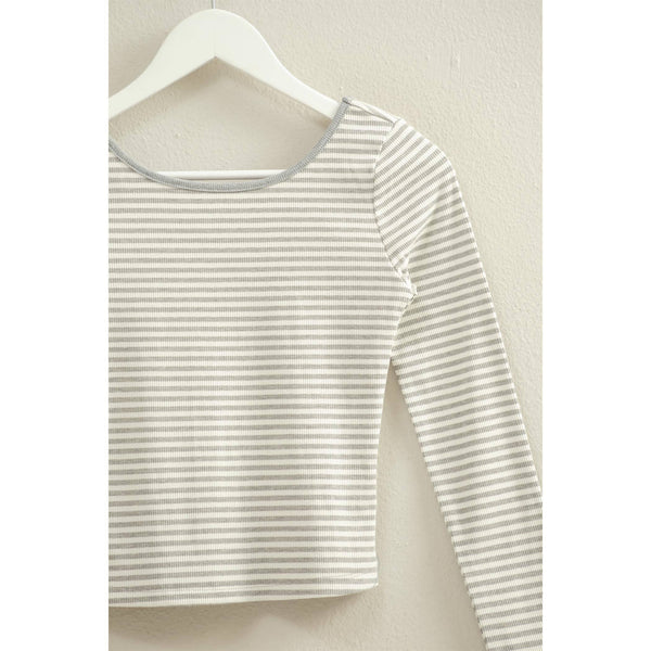 Laura Striped Long Sleeve Top | Grey & White