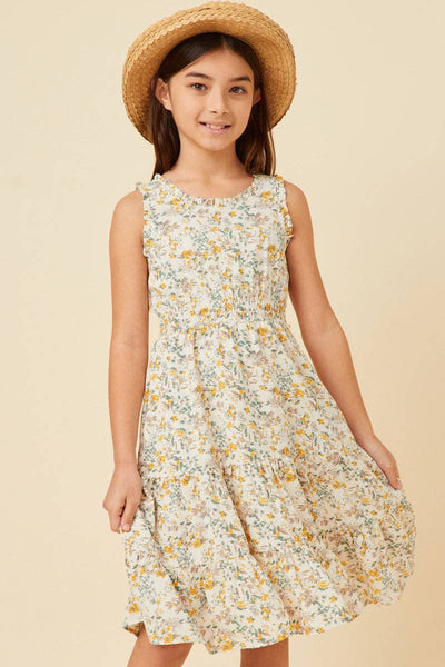 Girls Antique Floral Smocked Waist Tank Midi Dress