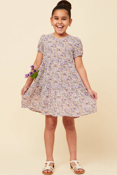 Girls Lavender Ditsy Floral Tiered Puff Sleeve Dress