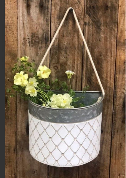 White Diamond Pattern Planter W/Rope Hanger