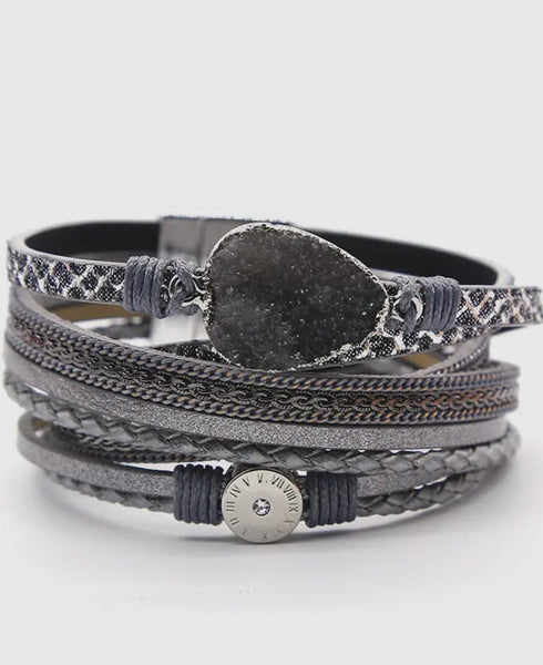 Crystal Leather Magnetic Bracelet | Black, Grey, Tan or Navy