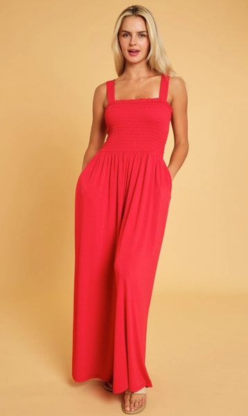 Red Smocked Jumpsuit