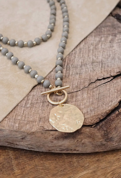 Coin Pendant Wooden Beads Necklace | Cream or Grey