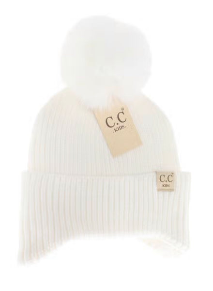 Kids C.C | Ear Flap Pom Beanie | White or Lilac