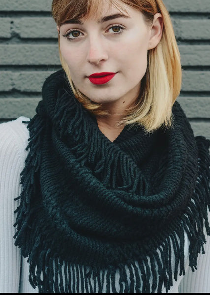 Pointelle Fringe Infinity Scarf | Black & Mocha