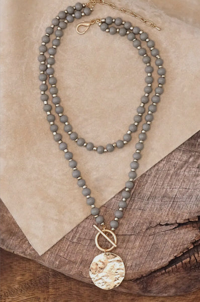 Coin Pendant Wooden Beads Necklace | Cream or Grey