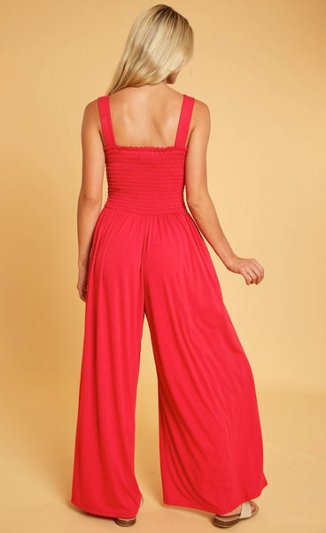 Red Smocked Jumpsuit