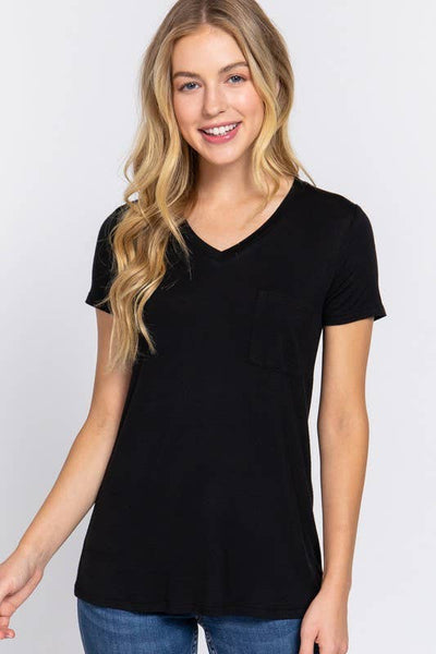 Basic Short Sleeve V-neck Top | Black