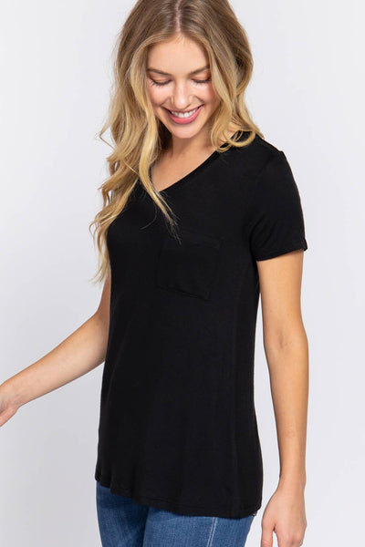 Basic Short Sleeve V-neck Top | Black