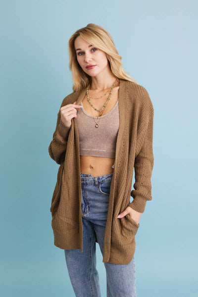 Mocha Waffle Knit Long Cardigan