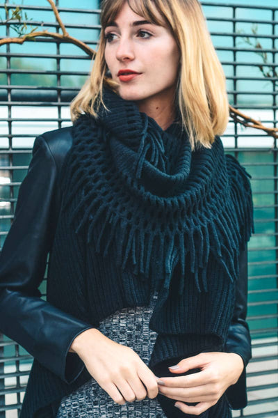 Tassel Fringe Knit Infinity Scarf | Red & Black