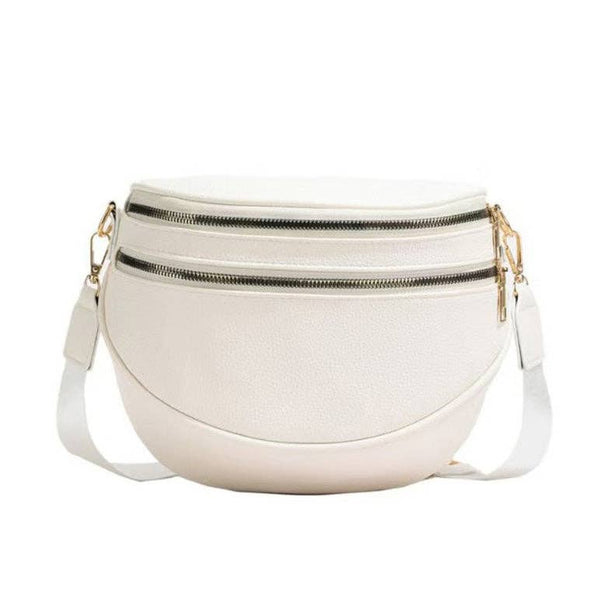 Sabrina Double Zip Leather Crescent Sling | Black, Cognac & Bone
