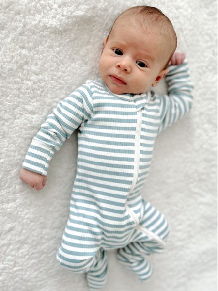 Dusty Blue Stripe / Organic 2-Way Zip Romper