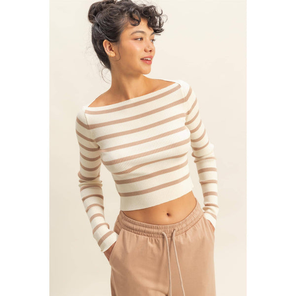 Helena Striped Boatneck Long-Sleeve Crop Knit Top
