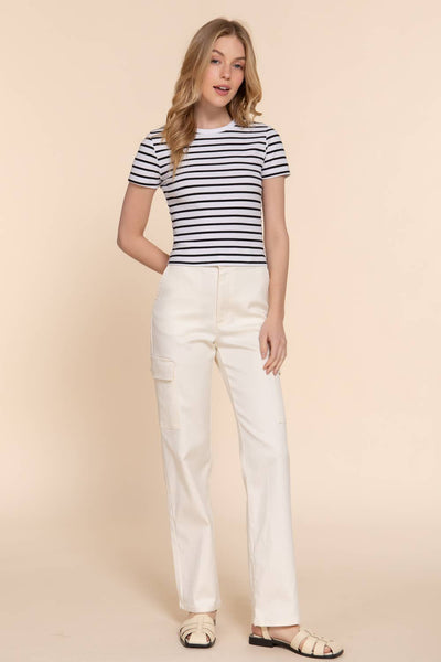 Crew Neck Stripe Rib Top | Black